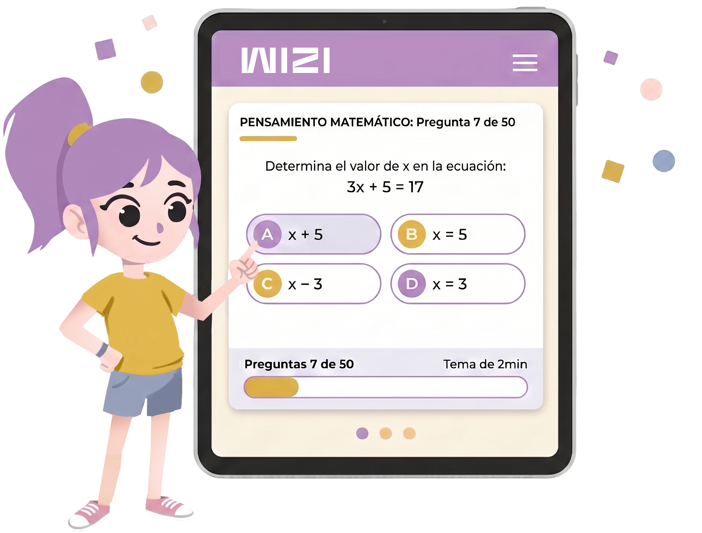 Estudiante usando la app WIZI para practicar Pensamiento matemático para la PAA