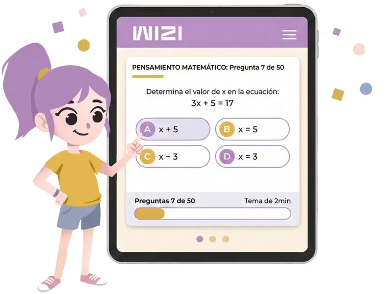 Estudiante usando la app WIZI para practicar Pensamiento matemático para la PAA